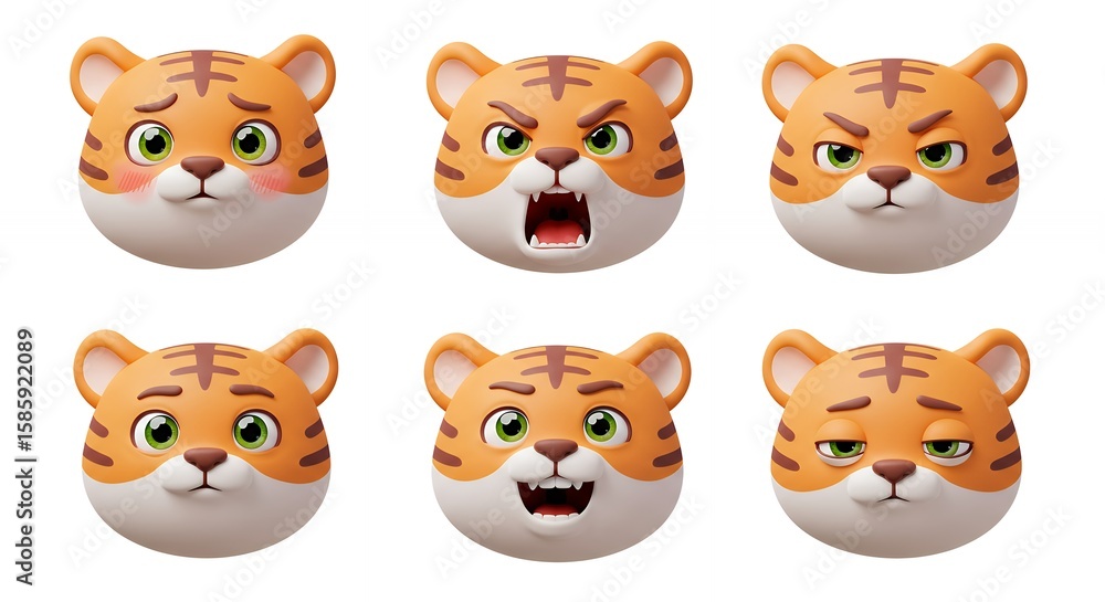 Fototapeta premium Cartoon tiger faces set displaying various emotions