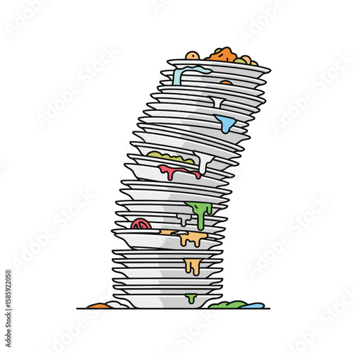 A towering stack of dirty dishes awaiting washing