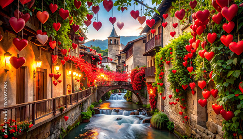 Romantic Village Street Decorated with Red Hearts at Sunset
