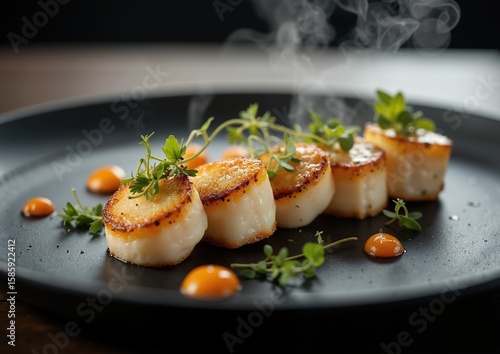 Fototapeta Naklejka Na Ścianę i Meble -  Gourmet seared scallops with herb garnish and orange sauce on black plate - elegant fine dining presentation