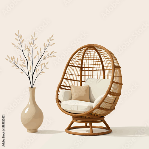 Minimalist Indoor Oasis: Wicker Egg Chair with Beige Pillows and Vase with Branches