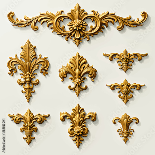 Opulent Gold Baroque Decorations on Gray Wall