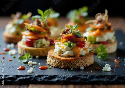 Gourmet canapes with fresh herbs and vegetables for elegant party catering