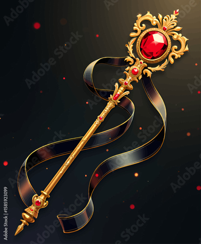 Opulent Royal Scepter with Ruby and Gold against Dark Background