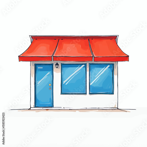 Quaint Storefront with Red Awning and Blue Door