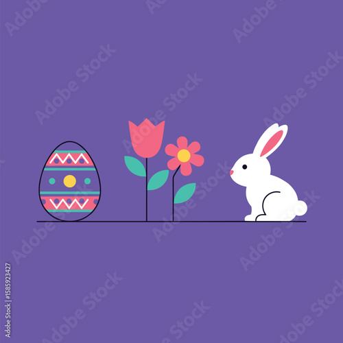Cute easter bunny meets decorated egg and flowers in spring garden celebration
