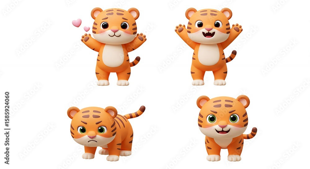 Obraz premium Cartoon tiger illustrations set with various emotions