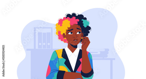 Worried young Black woman with colorful hair sits in an office, biting her nails and looking concerned about a problem or deadline in a vector illustration.