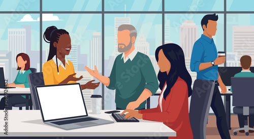 Diverse professionals engage in lively discussion and work within a bright, modern office space, fostering collaboration and productivity.