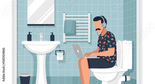 A man wearing headphones and working on a laptop while sitting on a toilet in a modern bathroom, representing remote work and unconventional office spaces.