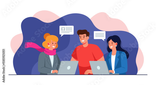 Three smiling colleagues collaborate on laptops, engaging in a productive discussion and teamwork during a meeting or project session.