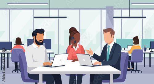 Diverse business professionals collaborate around a table with laptops in a modern, open-plan office environment, discussing strategies.