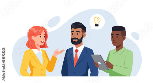 Three diverse business professionals are engaged in a collaborative meeting, discussing new ideas and innovative solutions in a modern office setting.