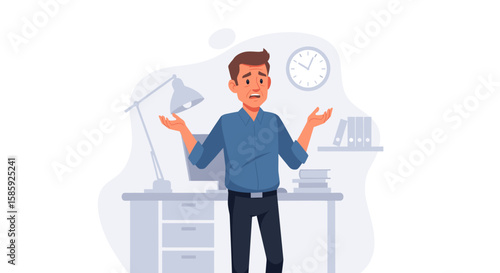 A confused young man in a blue shirt shrugs his shoulders at an office desk, illustrating uncertainty and a lack of answers.