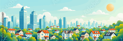 Suburban Serenity with Skyscrapers: Green Homes, Blue Skies, Sunlit Day
