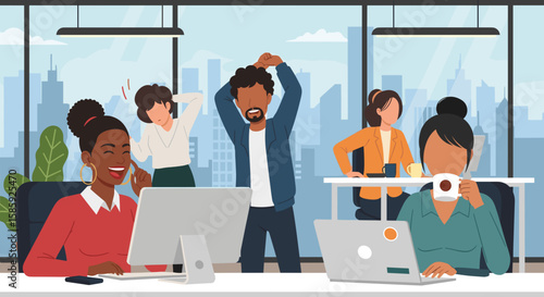 Diverse group of stressed office workers taking a break in a modern office with a cityscape view; one is laughing, others stretching and drinking coffee.