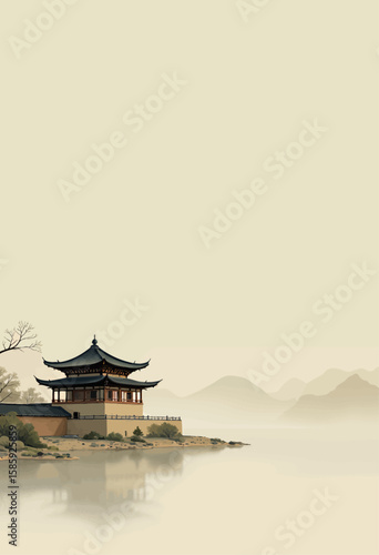 Traditional Chinese Temple by Calm Lake at Dawn