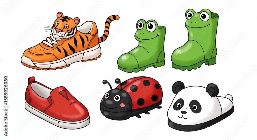 Obraz premium Cute cartoon animals and footwear illustrations