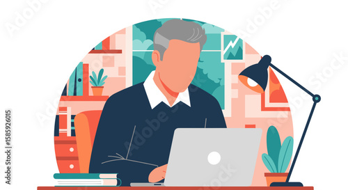 A mature man with grey hair diligently works on his laptop at a home office desk, surrounded by modern digital technology.