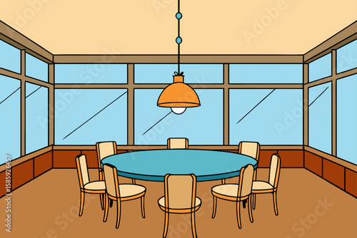 sunroom dining area with vintage wood furniture