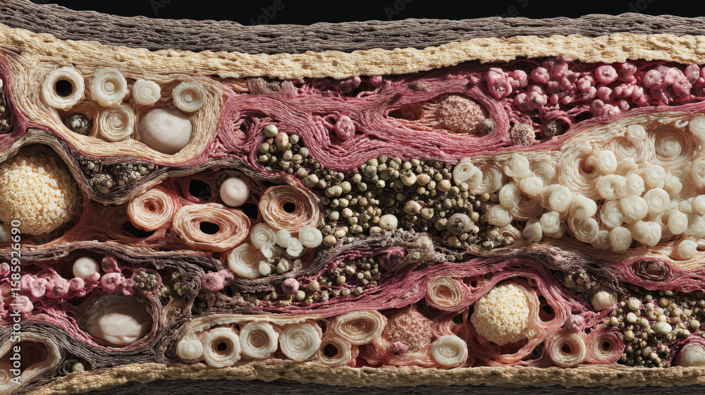 Obraz premium This striking cross-section reveals the complex arrangement of nerve endings and skin receptors, showcasing their vital role in touch response and sensory communication