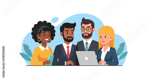A diverse group of professional business people, including men and women, collaboratively working with a laptop in a modern flat cartoon illustration style.