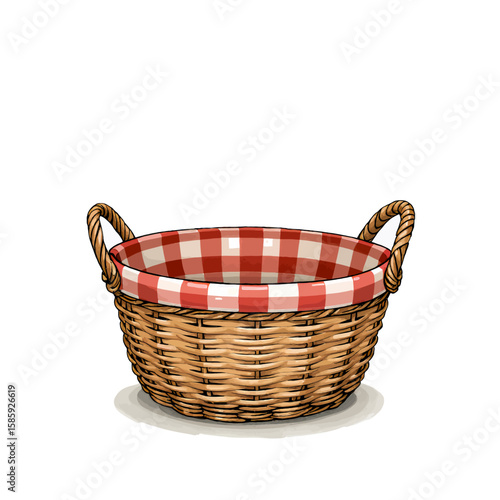 Wicker Basket with Red Plaid Lining, Rustic Charm