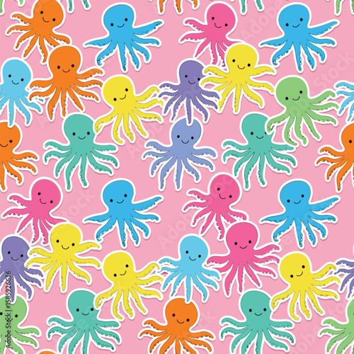 Adorable rainbow octopuses scattered across a cheerful pink background