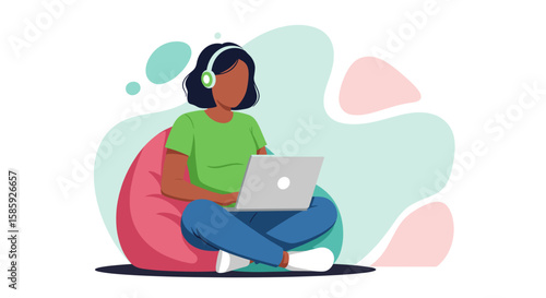 An illustration of a young woman comfortably sitting on a bean bag chair, wearing headphones and working on her laptop.