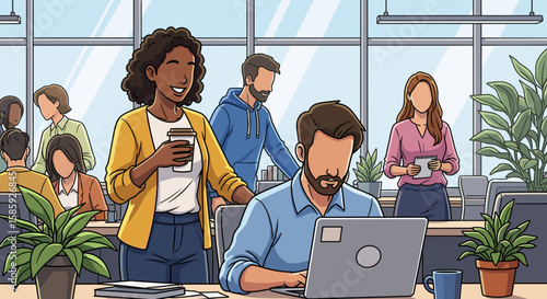 A diverse group of happy professionals collaborates and works diligently in a bright, modern open-plan office environment.