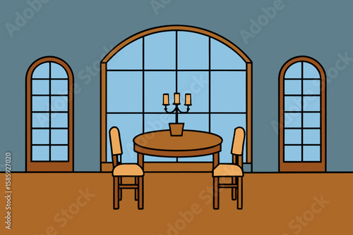 wooden dining room with iron framed windows