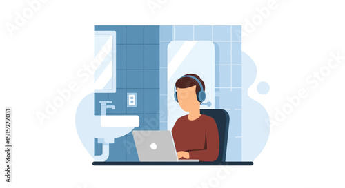 An individual wearing headphones focuses on a laptop, working remotely from an unconventional home office setup inside a bathroom.