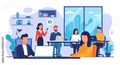 A diverse group of business professionals collaborates in a modern, open office environment with city views, presented as a clean flat vector illustration.