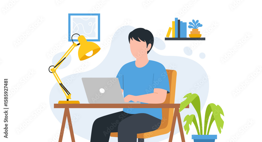 Fototapeta premium An illustrated depiction of a man working on a laptop at his desk, with a lamp, books, and a potted plant in a bright, modern office setting.