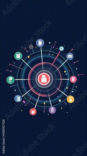Network visualization with connected interface icons orbiting a central hub on a cosmic background.