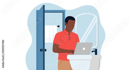 A man stands in a modern bathroom using his laptop, illuminated by natural light from an open door, reflecting a busy lifestyle.