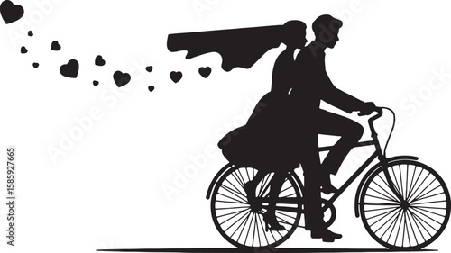 Bride and groom cycling with hearts wedding couple