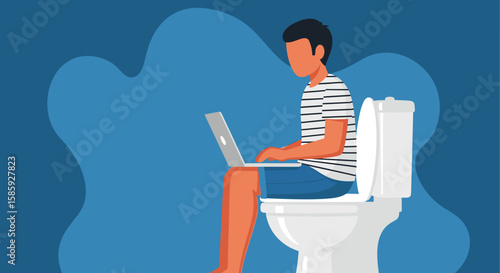 A humorous flat design illustration of a man sitting on a toilet while diligently working on his laptop, depicting modern remote work habits.