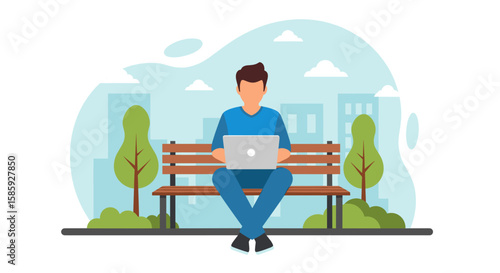 A young man sits cross-legged on a park bench, working on his laptop, surrounded by trees and buildings in a modern, flat vector illustration style.