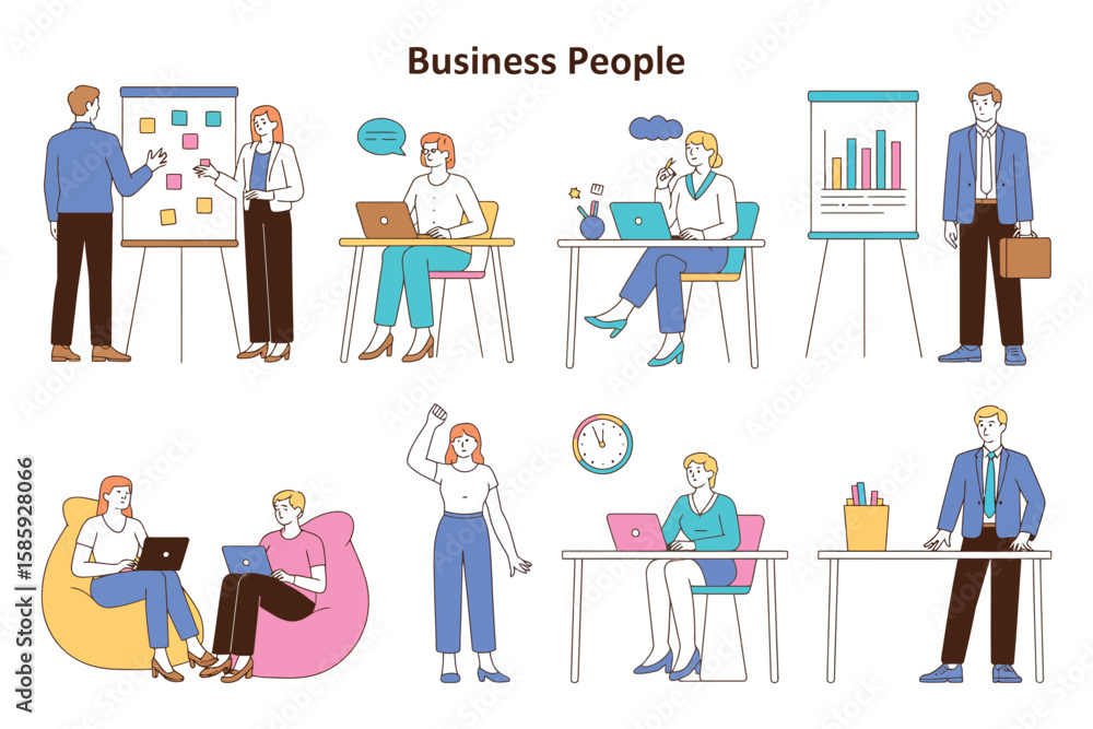 Business People in Teamwork Scenarios Illustrated in Minimal Line Art Style, Showing Office Collaboration, Brainstorming, Leadership, and Communication for Corporate Design Projects Business People in Teamwork Scenarios Illustrated in Minimal Line Art Style, Showing Office Collaboration, Brainstorming, Leadership, and Communication for Corporate Design Projects