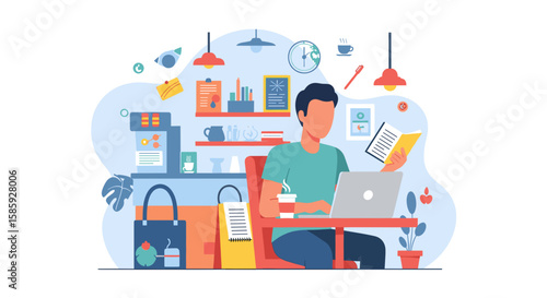 A young man works remotely from a cafe, using a laptop and reading a book, with a coffee machine and other items in the background, in a modern style.