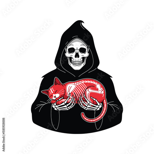 Grim reaper hugs diseased cat skeleton inside black robe with white background