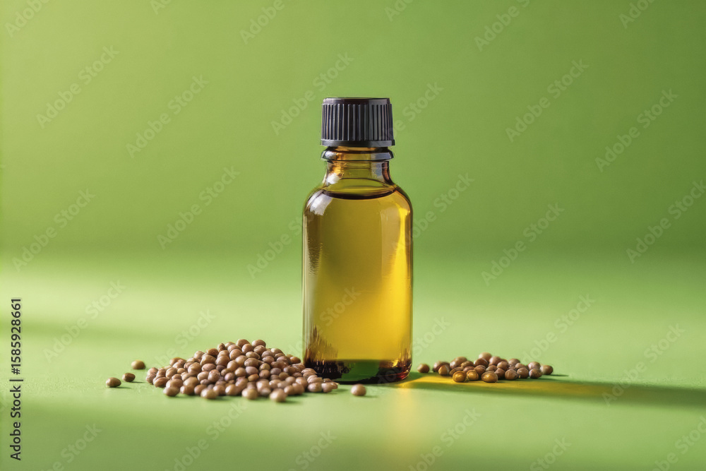 A glass bottle filled with amber liquid sits prominently beside a scattering of soybeans against a vibrant green background. A glass bottle filled with amber liquid sits prominently beside a scattering of soybeans against a vibrant green background.