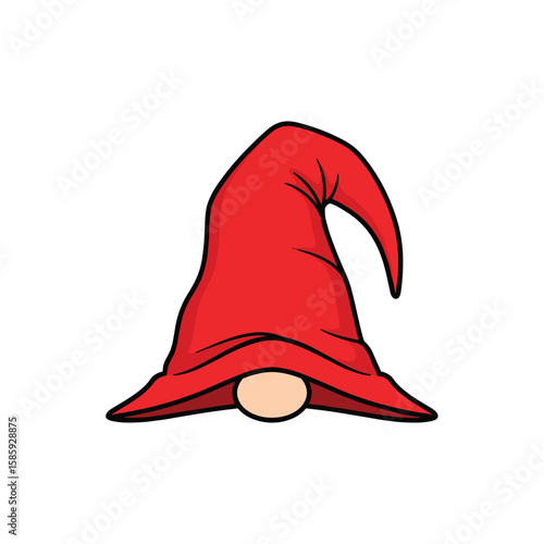 A cheerful cartoon gnome wearing a tall red pointed hat with a slightly bent tip and a visible round nose