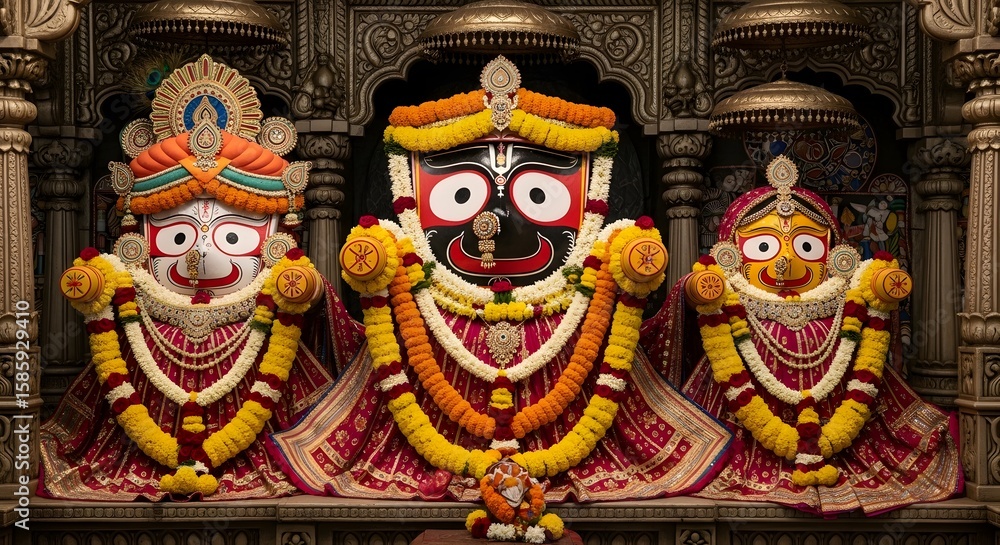 Obraz premium Ornate Jagannath Trinity Adorned deities, vibrant hues, intricate details, resplendent in sacred temple setting. A breathtaking display of faith and artistry.