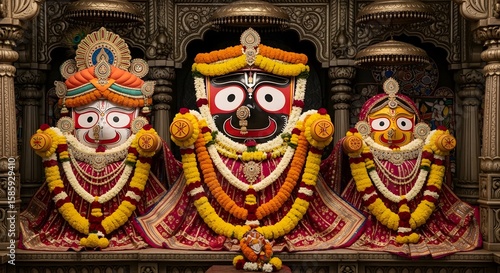 Ornate Jagannath Trinity Adorned deities, vibrant hues, intricate details, resplendent in sacred temple setting. A breathtaking display of faith and artistry.