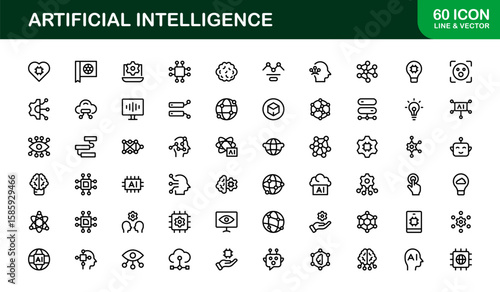 Artificial Intelligence Icon Set – Futuristic Vector Illustrations Featuring AI Technology, Machine Learning, Neural Networks and Robotics
