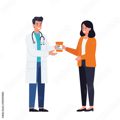 A doctor in a white coat gives a bottle of medicine to a female patient in a Medical Office, Illustration Depicting Professional Healthcare Interaction and Patient Care Environment
