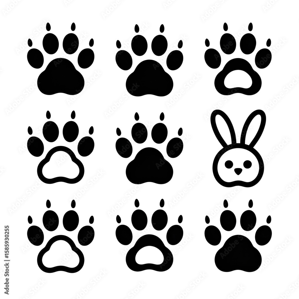 Fototapeta premium Cute Cartoon Animal Paw Prints and Bunny: Simple Line Art Graphics Set for Children's Designs.