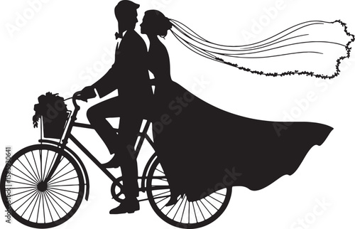 Bride and groom silhouette riding bicycle with flowers and veil wedding couple